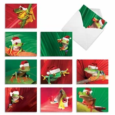 10 Assorted Merry Christmas Note Cards with Envelopes - YULE FROGS