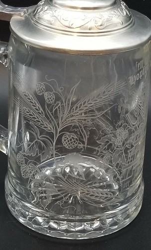 Pair Vintage German Glass Beer Stein w/ Pewter Lid & Crest Etched - Picture 6 of 10