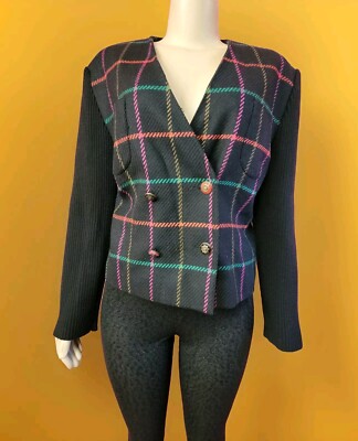 Crisca Escada Vintage Black Multicolored Wool GEO Mix Blazer Jacket Size 38 #C6