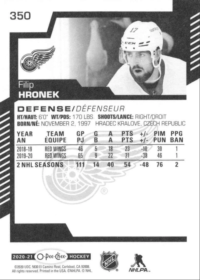 2020-21 O-Pee-Chee Filip Hronek Detroit Red Wings #350 - Image 2 of 2