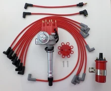 SMALL BLOCK CHEVY Red Small HEI Distributor + RED 45K Coil +SPARK PLUG WIRES 
