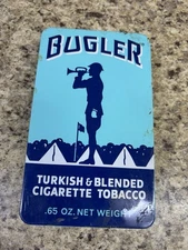 BUGLER Tin .65 oz EMPTY Aqua Blue & Navy Hinged Very Clean Approx 6" x 3.75"