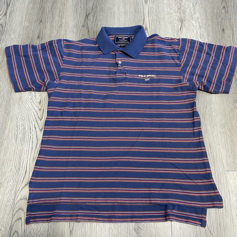 Vintage Polo Sport Sportsman Shirt Mens Large Blue Striped Short Sleeve Collared