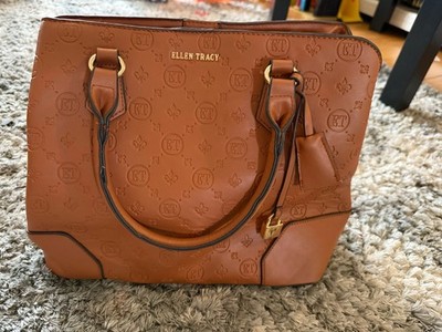 Ellen Tracy Women's Cognac Embossed Logo Gold Hardware Satchel Fleur-de-lis