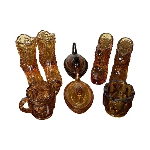 Vintage Fenton Amber Glass Daisy and Button Boot Shoe Pair Hen On Nest Lot Of 8