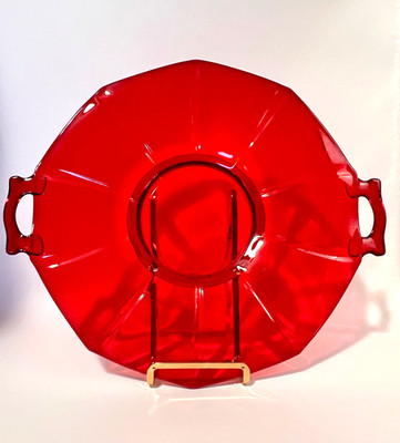 IMPERIAL GLASS Molly Ruby Red 2-Handled Serving Tray/Cake Plate; Art Deco Glass