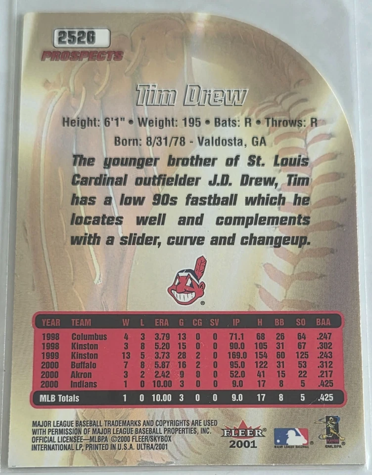 TIM DREW 2001 Fleer Ultra Gold Medallion Edition Prospects Die-Cut #252G - Image 2 of 2