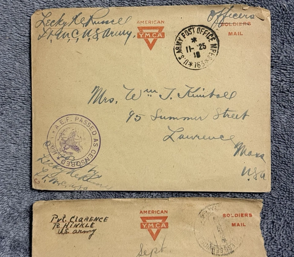 Cubiertas censuradas AEF YMCA de la Primera Guerra Mundial x2 - APO cancela, correo de oficiales/soldados 1918 Foto 3 de 4