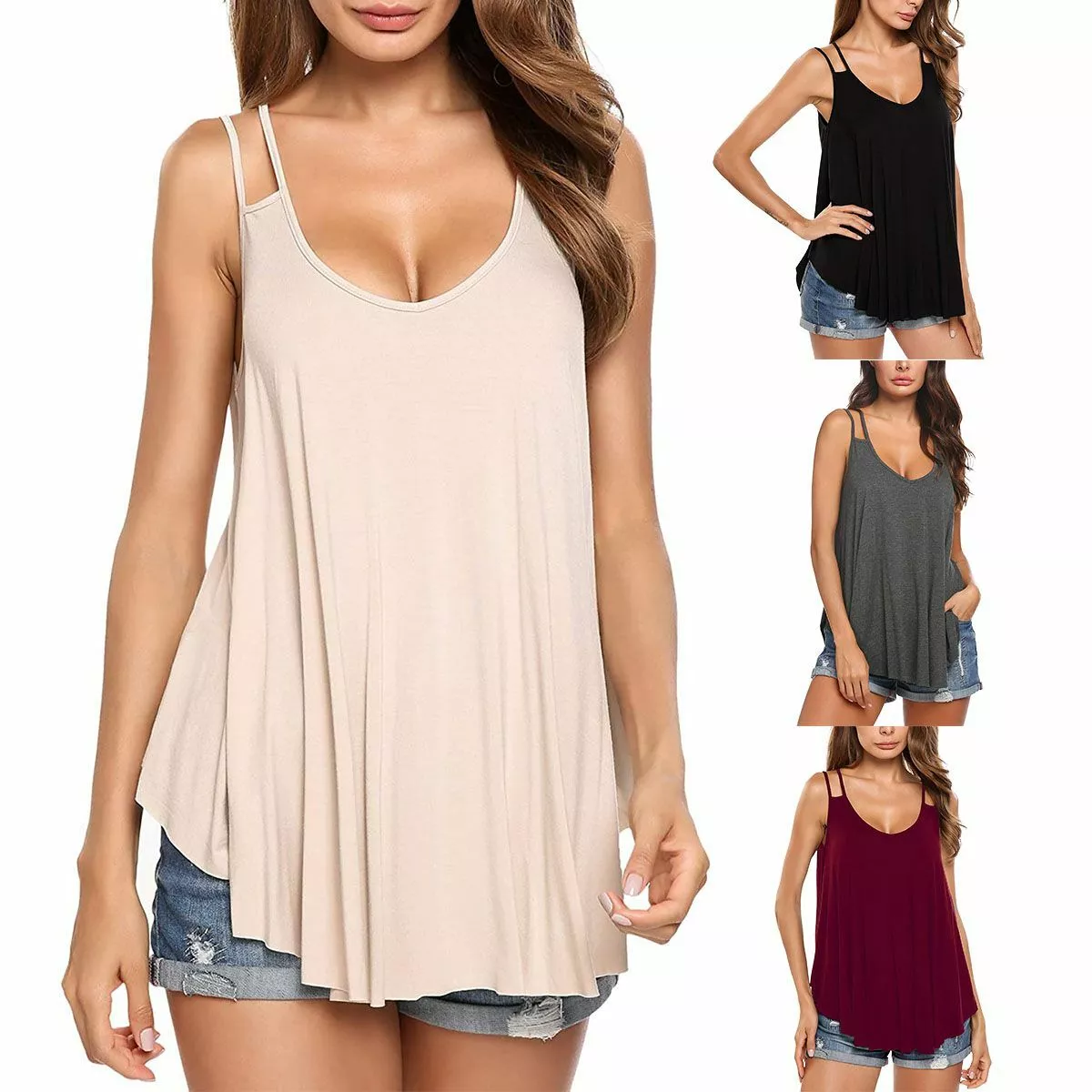 Women's Flowy V Neck Casual Sexy Summer Tank Top Flexible Strap Loose Plus  Size