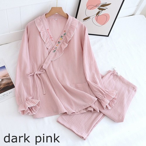 Damen Kuschelig Baumwolle Kimono Nachtwäsche Stickerei Japanisch Pyjama Set Langarm - Bild 2 von 22