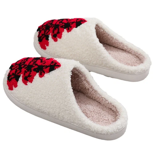 C# Women Men Breathable Bedroom Slippers Non-Slip Christmas Tree Cotton Slippers