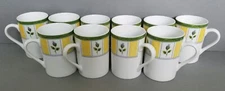 10 Vtg Studio Nova Tea Rose Mugs Yellow Panels Blue & Green Rosebuds 8 oz TPC21