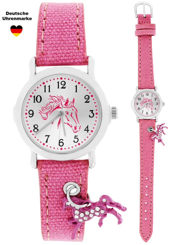 Armbanduhr Kinder Uhr Mädchen Pferd rosa Anhänger Pferdemotiv Textilarmband