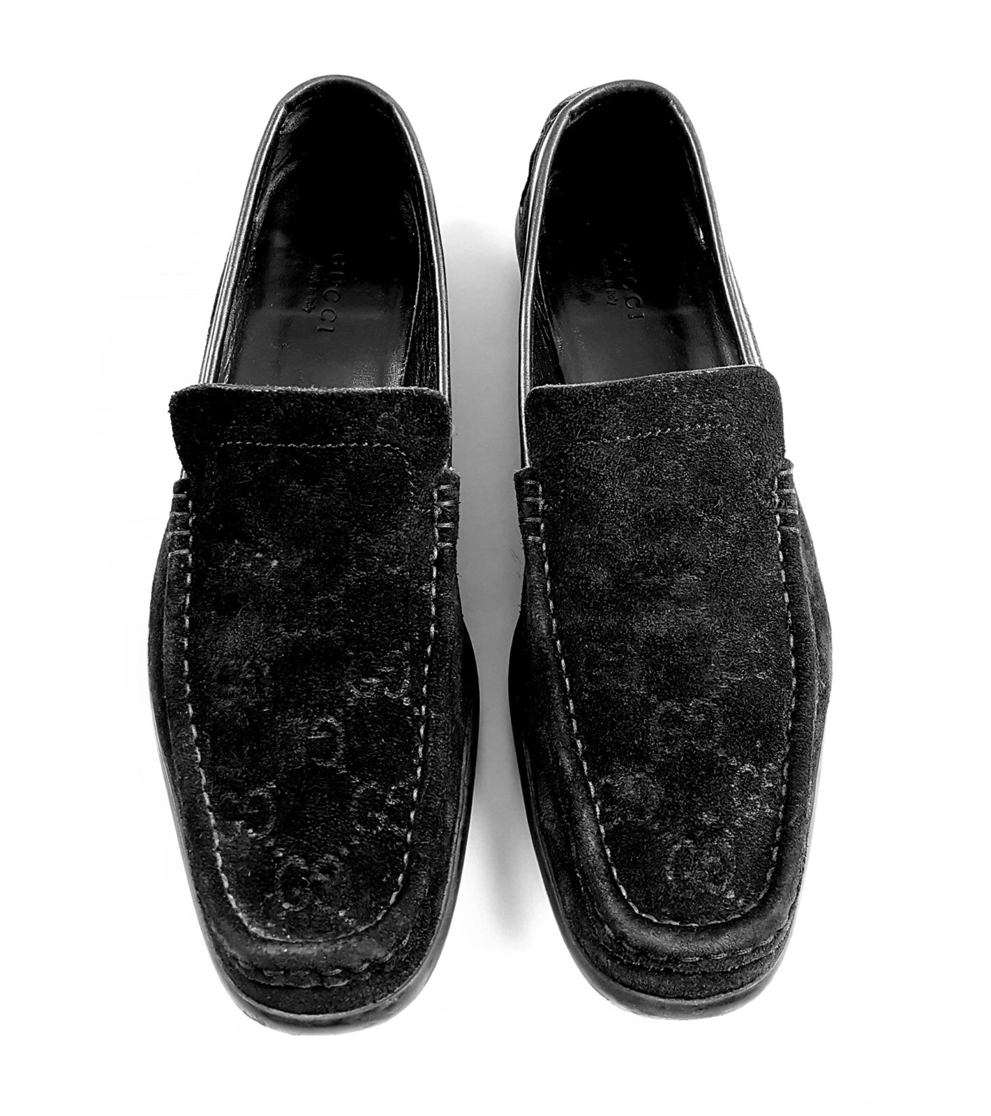 Mocassins de conduite authentiques GUCCI 8 AA monogramme américain noirs à enfiler en cuir suédé HOMMES
