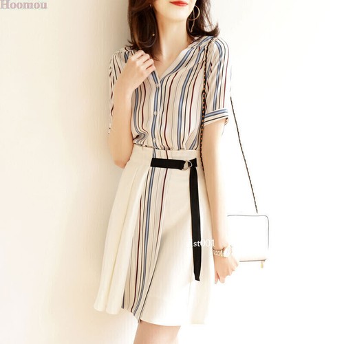 OL Korean Women Chiffon Striped Business Tops Shirt A-line High Waist Skirts Set - Picture 2 of 25