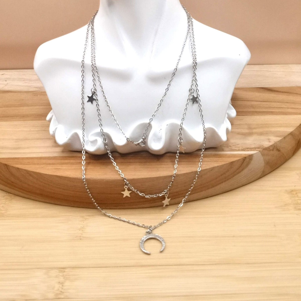 Celestial Star Moon Pendant Layered Necklace Silver Moon Charm