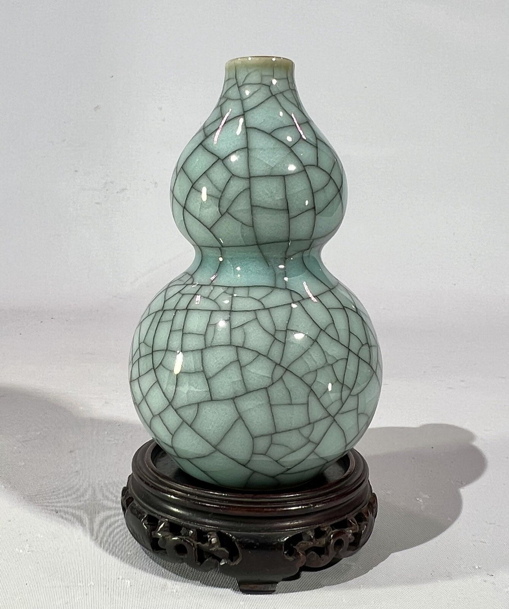 Antique Celadon Crackle Glaze Double Gourd Vase Guan Mark | eBay