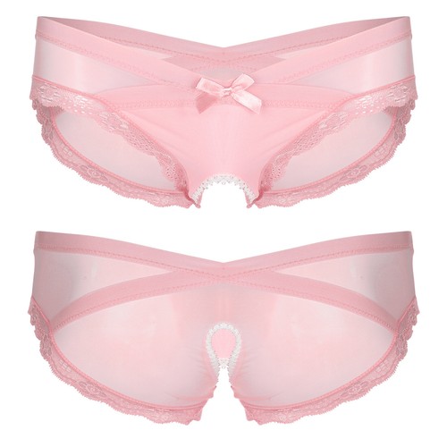 UK Mens Sissy See-Through Mesh Underwear Crotchless Low Rise Lace Trim Briefs - Picture 50 of 115