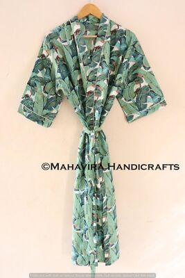 Women Cotton Banana Leaf Print Green Lingerie Night Gown Sleepwear Kimono Robe