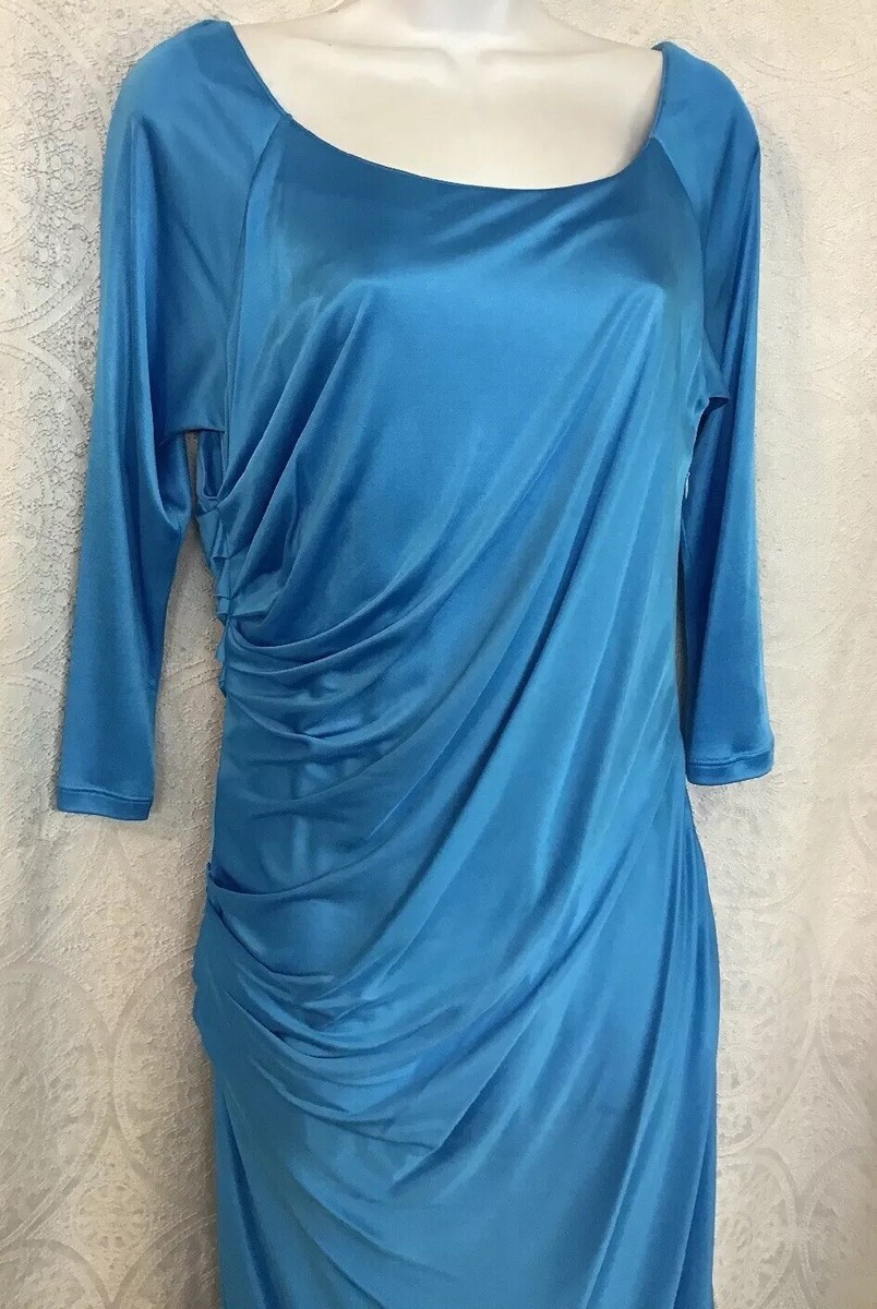 versace collection blue dress rare Runway silk pailette embellished sheer sleeves draped gown inviting both admiration and tactile appeal Versace Collection Dress Blue Draped