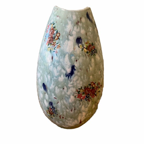 Rare Handmade Holland Mold Blue Speckled Vase With Flowers Signed 1975