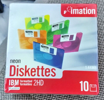 NEW SEALED  10-Pack Imation Neon Diskettes IBM Formatted 2HD 1.44 MB 