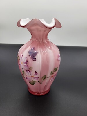 Fenton Dusty Rose Overlay Asters Hand Painted Signed By C. Smith