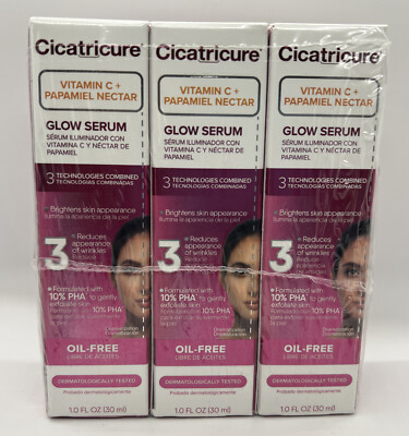 3 x Cicatricure Glow Serum Vitamin C+ Papamiel Nectar Oil Free 1oz (9 Boxes)