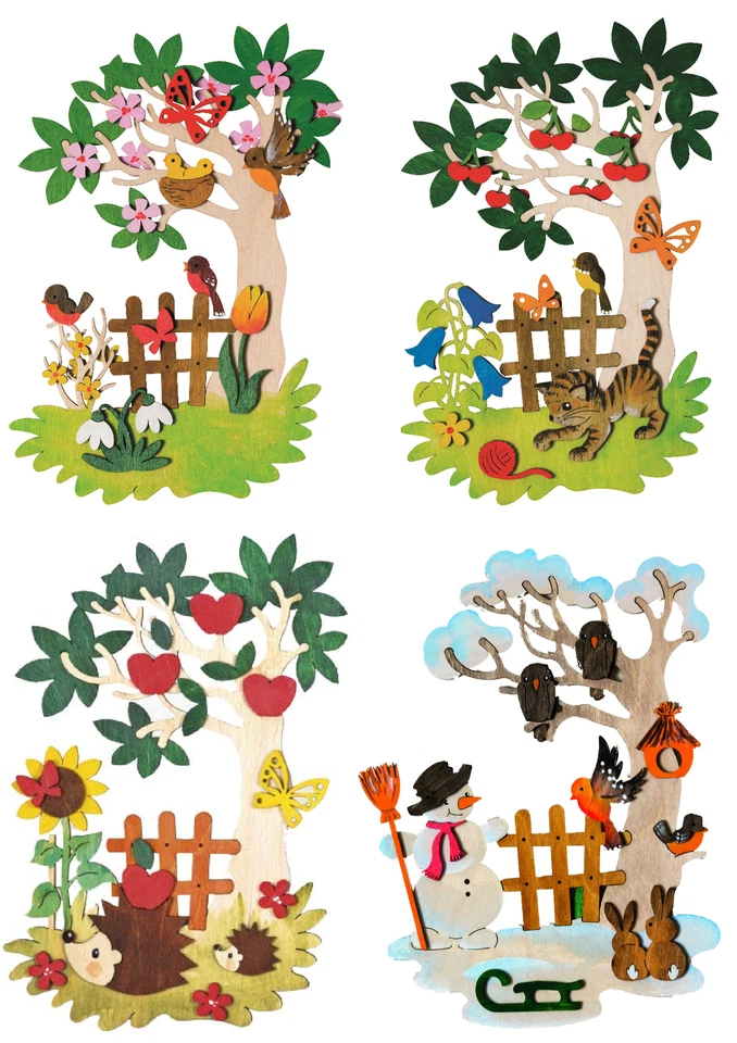 DRECHSLEREI KUHNERT Kuhnert Bastelset Jahreszeiten hölzerne Fensterbilder aus dem Erzgebirge