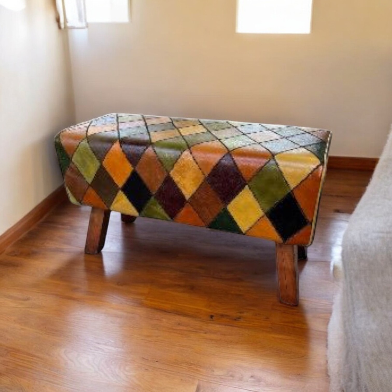 Vintage Patchwork Leather Stool / Footstool Wood Legs Pommel Horse Style Retro