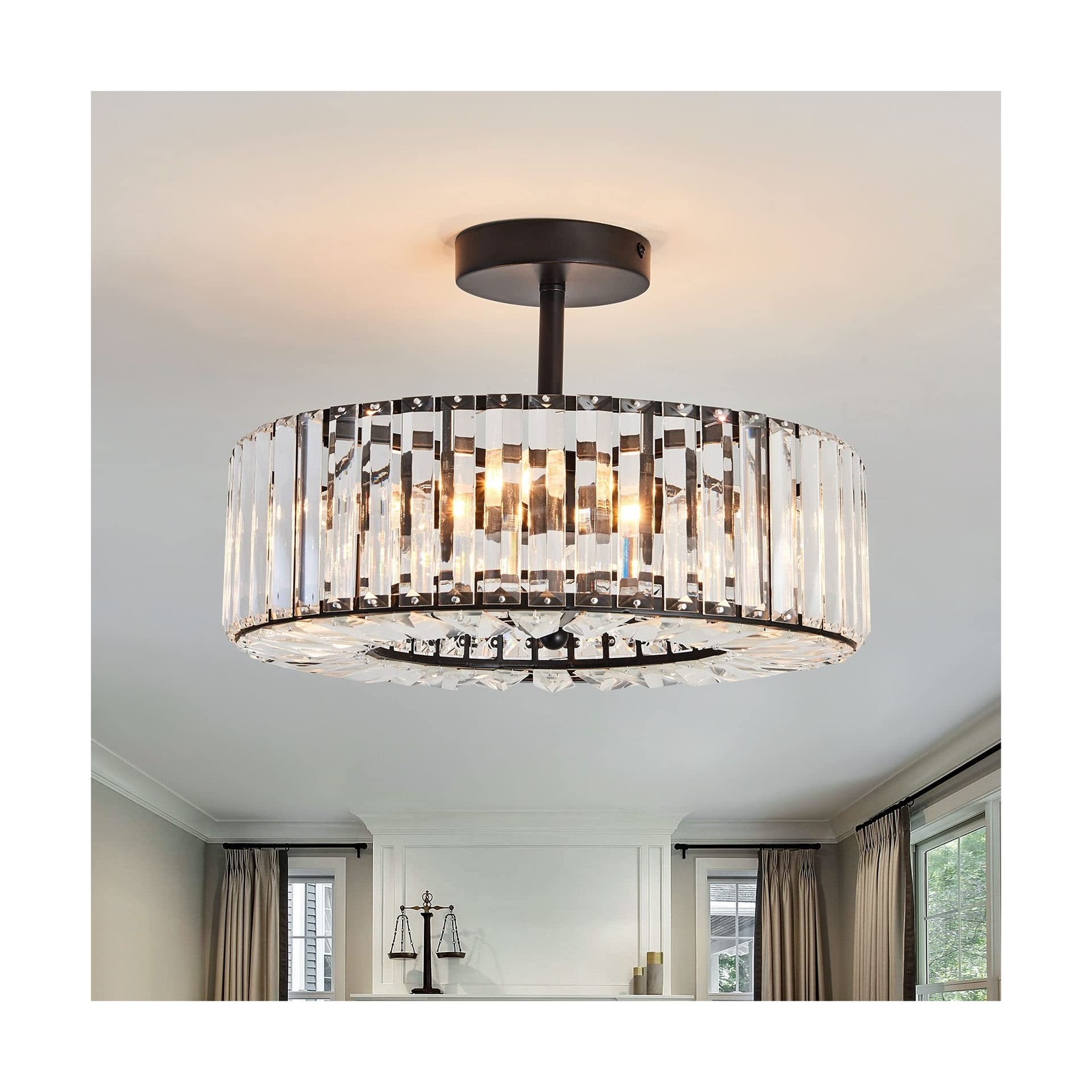 4 Lights Modern Crystal Chandelier Black Round Semi Flush Mount Ceiling Light...