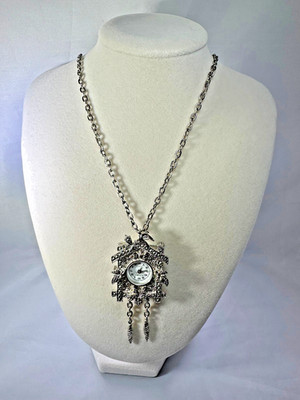 Vintage  Silver Tone  Cuckoo Clock Watch Brooch/Pendant. 27.71g. L-28 in.