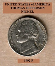 1992 P - Thomas Jefferson / Monticello 5¢ Nickel - Actual Coin Shown *FREE S&H*