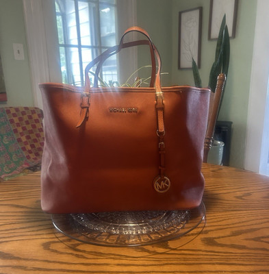 Michael Kors Orange Tote Double Handles Detachable Pouch MK Charm Gold tone
