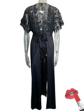 Vintage Peignoir Robe Nightgown Medium Black Nylon Lace USA Feminine Gilead