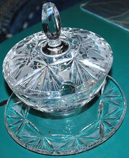 Vtg Cut Fan/Star CRYSTAL COMPOTE DISH W ATTACHED UNDERPLATE + LID W SPOON SLOT