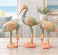 Vintage Wood Crane Flamingo Bird Figurines Set of 3 Hand Painted Coastal Decor