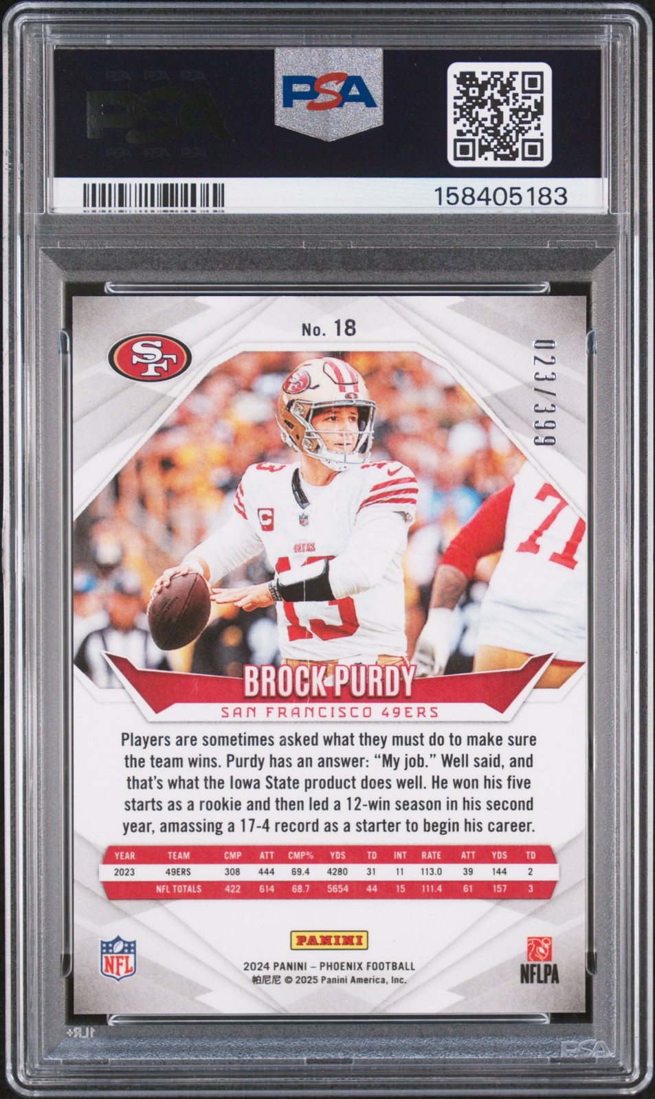 2024 PANINI PHOENIX TEAM HELMET #18 BROCK PURDY 23/399 PSA 2 view 2