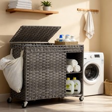 Laundry Hamper with Lid, 160L Rattan Wicker Laundry Basket with Wheels, Handw...