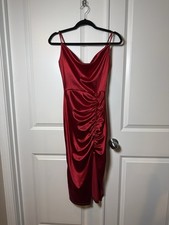 Windsor Red Satin Bodycon Dress Cowl Neck Strappy Ruched Midi Side Slit XS