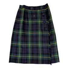 Vintage Navy Green Plaid Wrap Skirt Fringed Kilt Style Button Front Knee Length