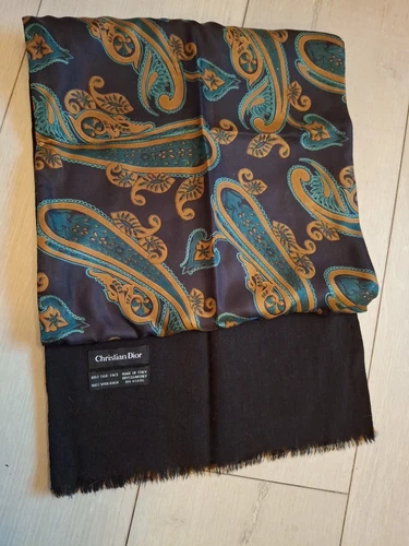 Christian Dior foulard homme vintage en laine de soie noir, jade vert émeraude, or, cachemire