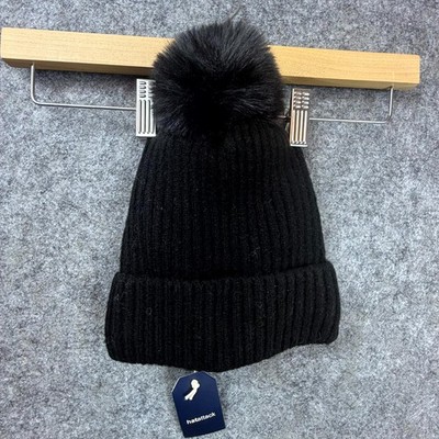Hat Attack Faux Fur Pom Pom City Beanie Hat Womens One Size Black Cozy Lined