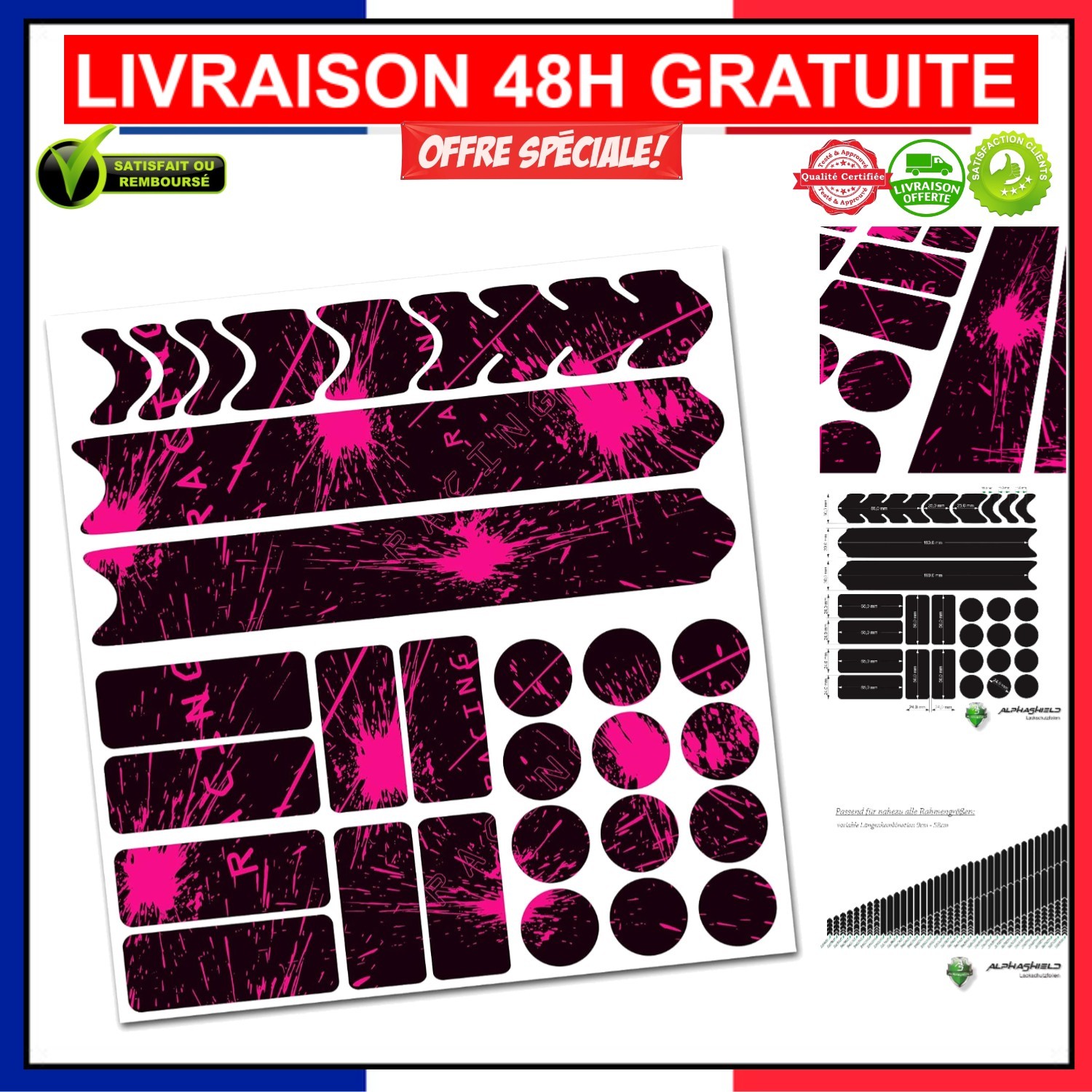 Kit protection cadre vélo Alphashield rose fluo pour sorties VTT et ville