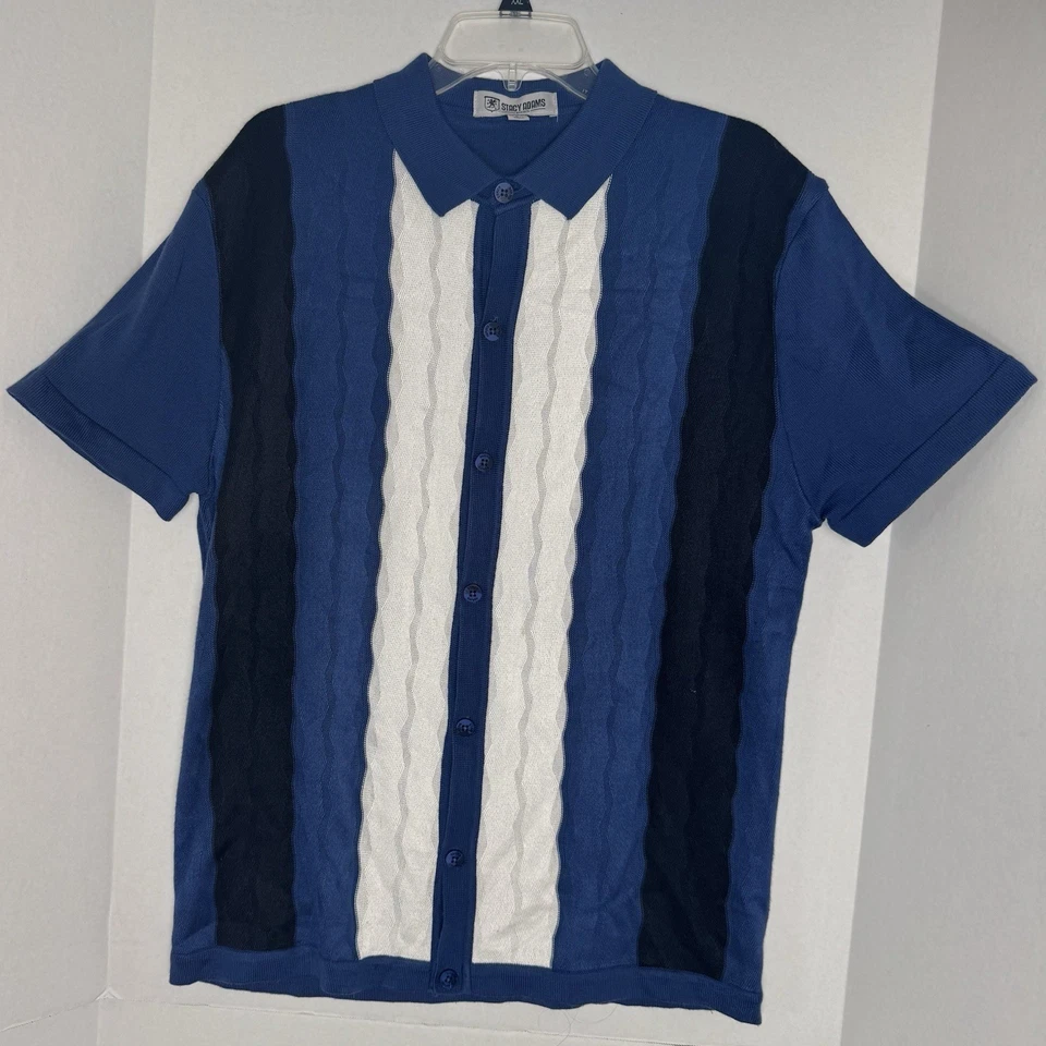 Camisa Polo Retro Stacy Adams Para Hombres Tejida con Botones LGE Azul Blanco Rayas Verticales Foto 2 de 4
