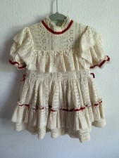 Martha  s Miniatures 2t Girls Cream Vintage Dress Red Ribbon Full Circle
