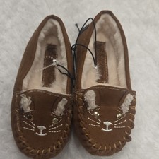 Brown Faux Fur Animal Face Moccasin Slippers Size 6 Unisex Kids Flat Lined