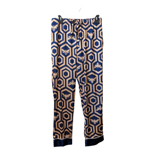 Averie Blue Silk Satin Bee Print Button Down 2 Piece Sleepwear Pajamas Set S - Picture 3 of 5