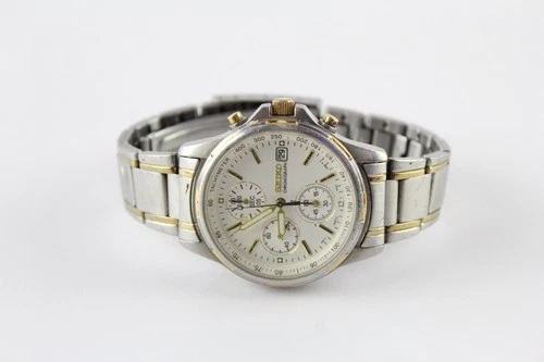 Vintage Seiko Two Tone Chronograph Quartz Watch Ref 7T92-0BA0 Working