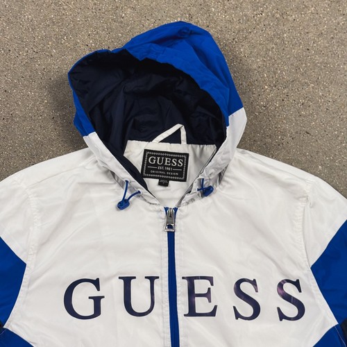 Guess Jacket Mens Small White Blue Hooded Windbreaker Full Zip Logo Spell Out - Picture 2 of 11